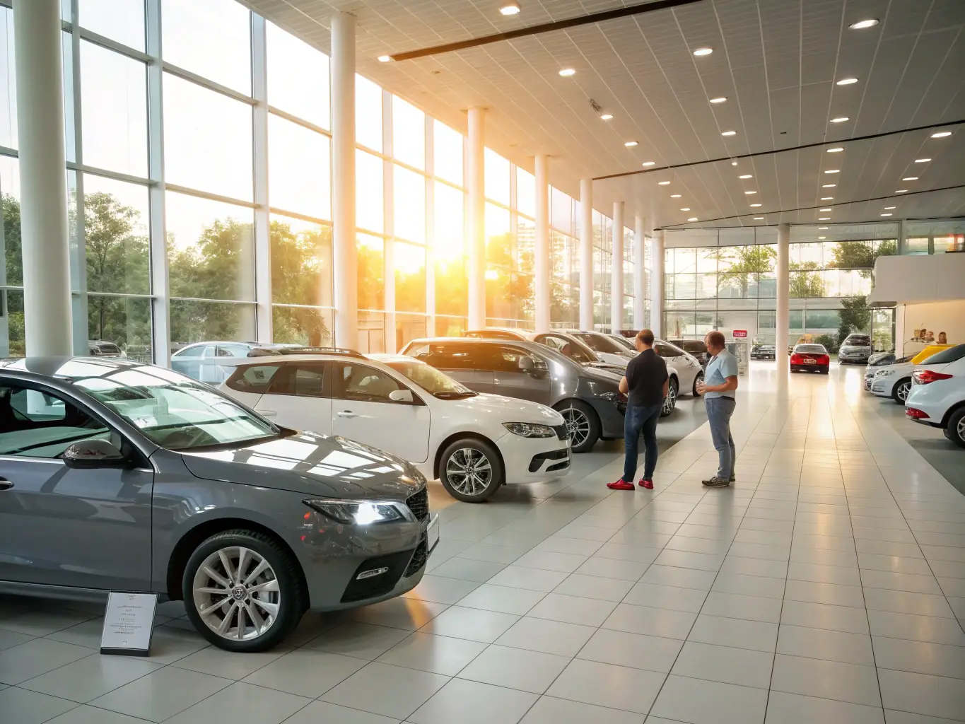 A modern car dealership showroom with a variety of new and used vehicles, sales representatives assisting customers, and a welcoming, professional atmosphere, representing Whisklue LLC's vehicle trading service.