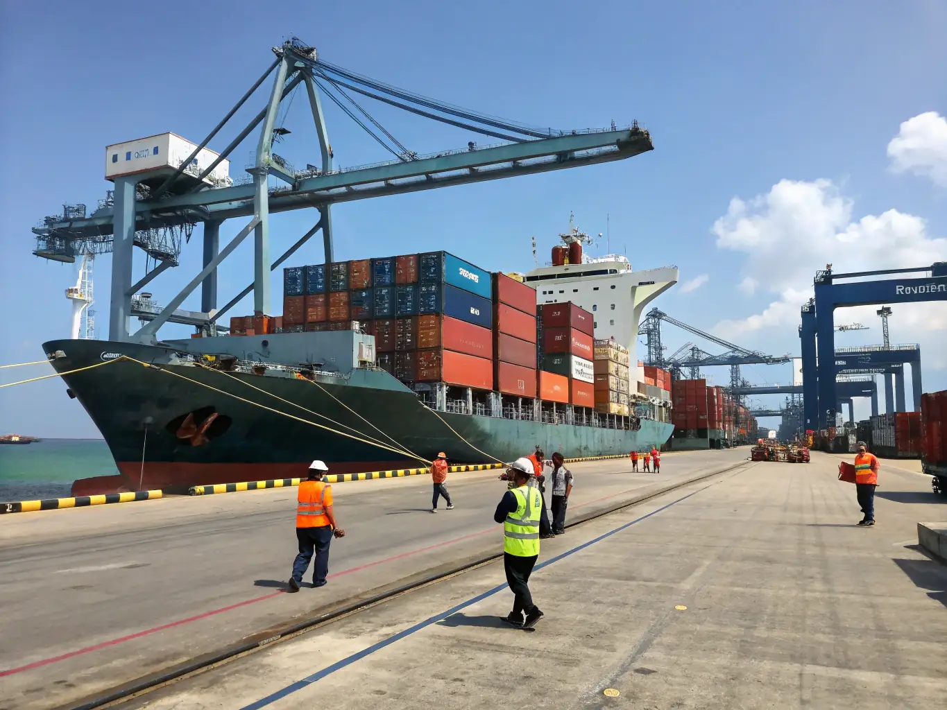 A busy port with vehicles being loaded onto cargo ships, customs officers overseeing the process, and shipping containers in the background, illustrating Whisklue LLC's import and export expertise.