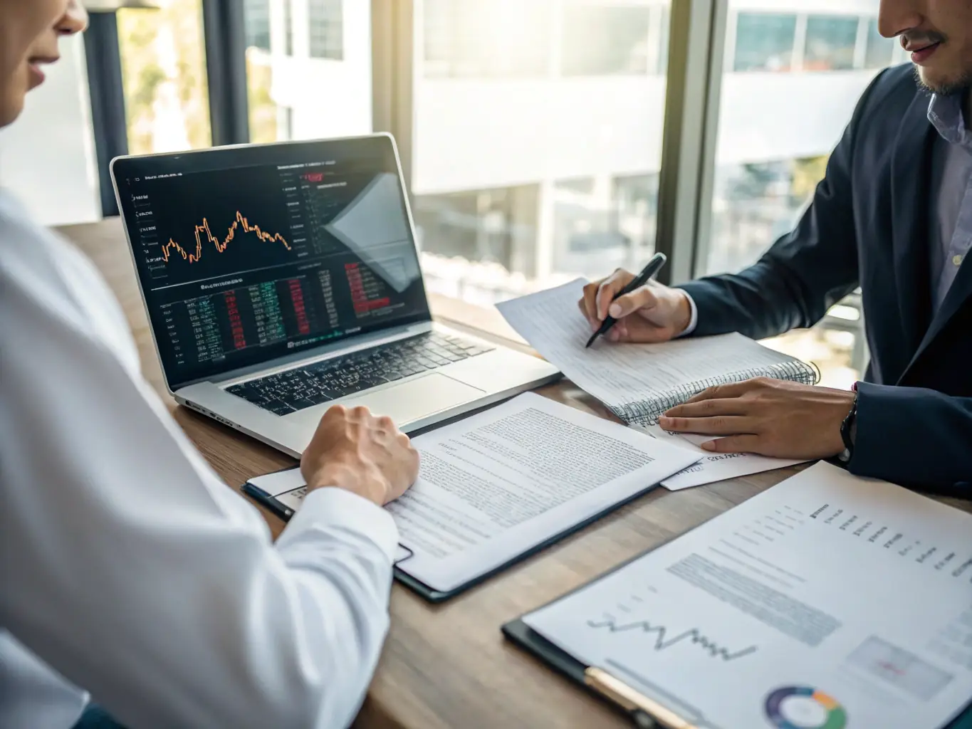 A business professional and client sitting at a desk, signing vehicle transaction documents, with a sense of trust and transparency, symbolizing secure transaction management.