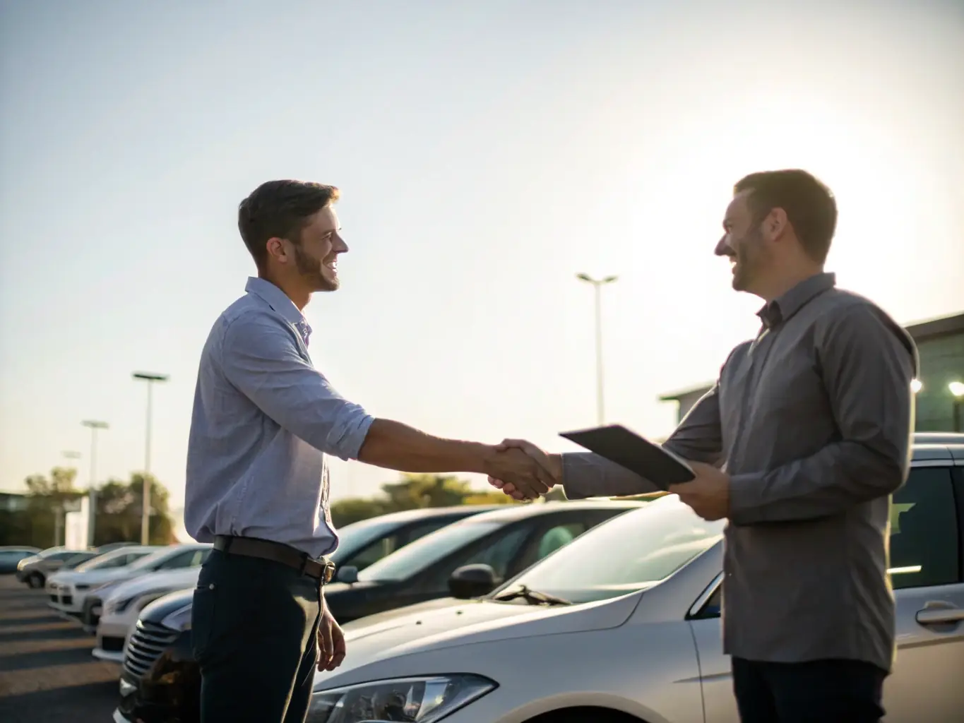 A consultant facilitating a vehicle sale with two clients shaking hands beside a car, documents and keys on the table, representing Whisklue LLC's transaction management service.