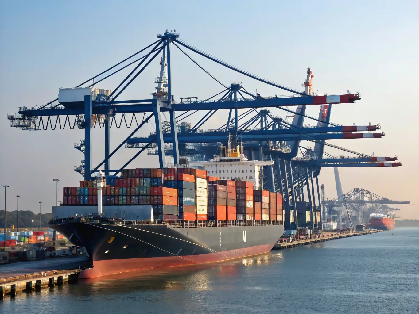 A cargo ship docked at a busy port, loaded with cars ready for international shipment, illustrating Whisklue LLC’s expertise in import and export coordination for vehicles.